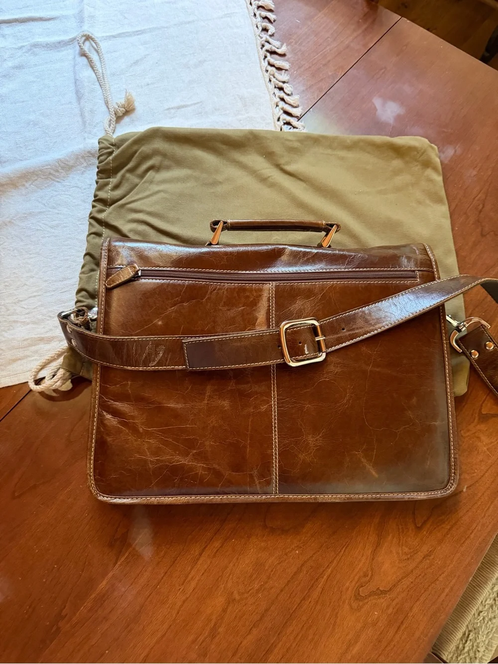 Classic Brown Leather Messenger/briefcase Bag with Shoulder Strap